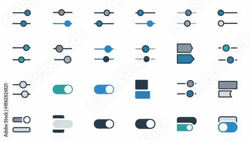 Comprehensive Collection of Modern User Interface Controls for Web and App Design, featuring Toggle Switches, Adjustable Sliders, and Settings Elements