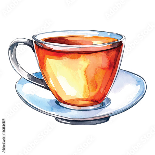 Watercolor glass cup of tea on a saucer with handle beverage drink vector illutrastion transparent background