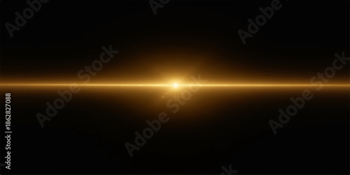 Bright yellow light beam shining through darkness with lens flare