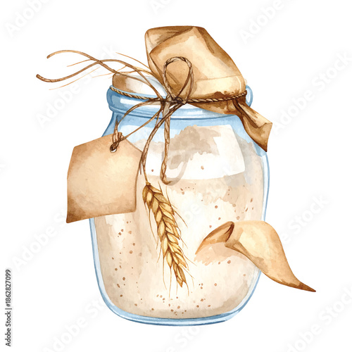 Watercolor jar of sourdough starter with wheat and tag glass vector illutrastion transparent background