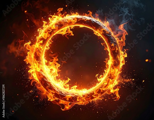 Fiery ring engulfed in flames, emitting smoke and glowing brightly
