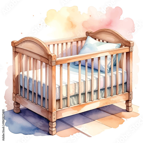 Wooden Baby Crib with Blue Pillow and Mattress on White watercolor vector illutrastion transparent background