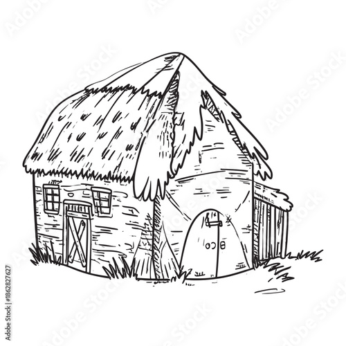 Hand-drawn sketch of a rustic thatched-roof hut with watercolor vector illutrastion transparent background