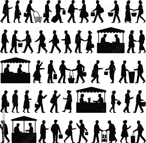 Silhouettes, of, people, shopping, at, street, market, vendors, customers, walking, buying, selling, bags, baskets, outdoor, marketplace, urban, lifestyle, black, illustration