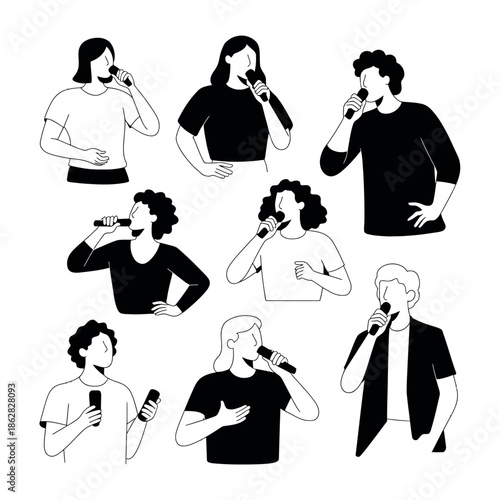 A diverse group of people singing into microphones in a stylized illustration.