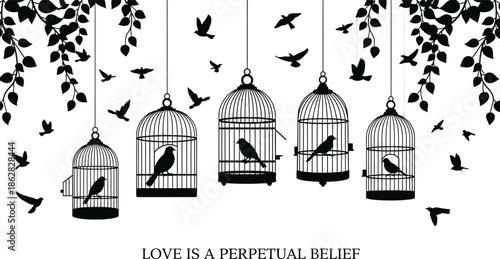Birds in and out of cages with a philosophical quote