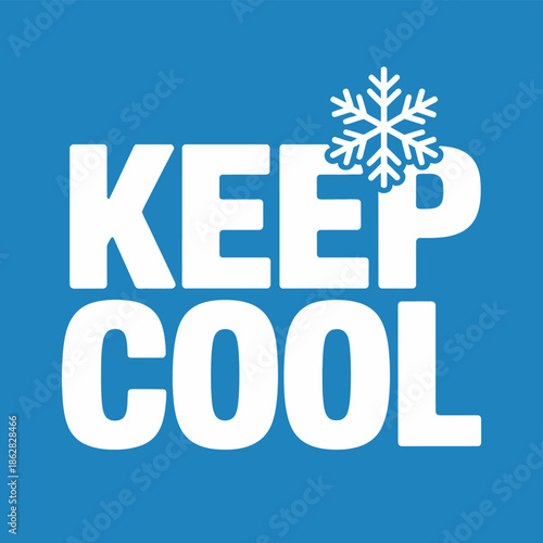 The words 'KEEP COOL' are displayed in large white sans-serif font against a bright blue background, with a snowflake graphic above the 'P'.
