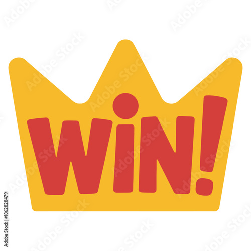A cartoon crown with the word 'WIN!' written in red letters symbolizes victory and achievement.
