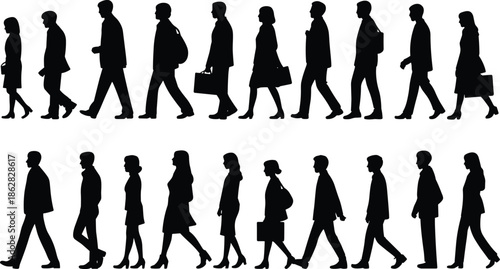Silhouettes, of, people, walking, commuters, men, and, women, business, lifestyle, urban, city, travel, daily, crowd, workers, modern, society, black, illustration