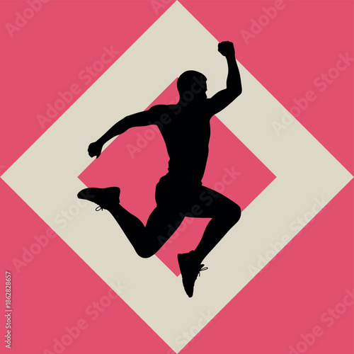 Silhouette of an athlete leaping forward in a dynamic pose against a geometric background.