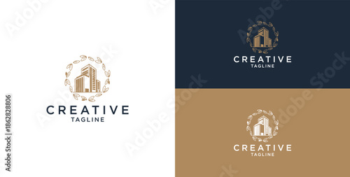 Line art icon logo of a house/residence with a circle of leaves.