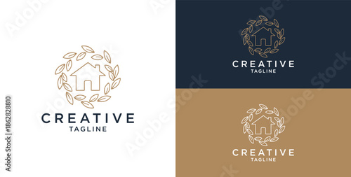 Line art icon logo of a house/residence with a circle of leaves.