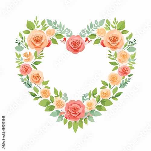 Heart-shaped floral frame with roses and leaves in flat vector style. Ideal for Valentine’s Day cards, wedding invitations, packaging, and romantic designs.