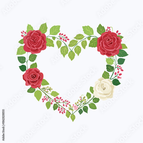 Heart-shaped floral frame with roses and leaves in flat vector style. Ideal for Valentine’s Day cards, wedding invitations, packaging, and romantic designs.