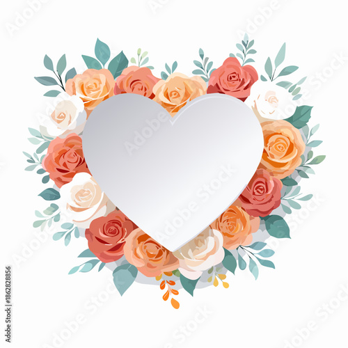 Heart-shaped floral frame with roses and leaves in flat vector style. Ideal for Valentine’s Day cards, wedding invitations, packaging, and romantic designs.