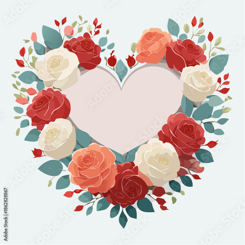 Heart-shaped floral frame with roses and leaves in flat vector style. Ideal for Valentine’s Day cards, wedding invitations, packaging, and romantic designs.