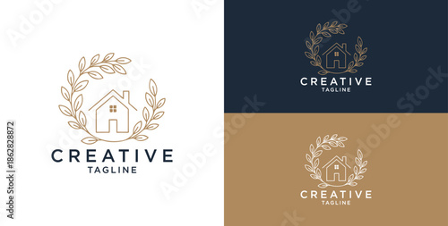 Line art icon logo of a house/residence with a circle of leaves.