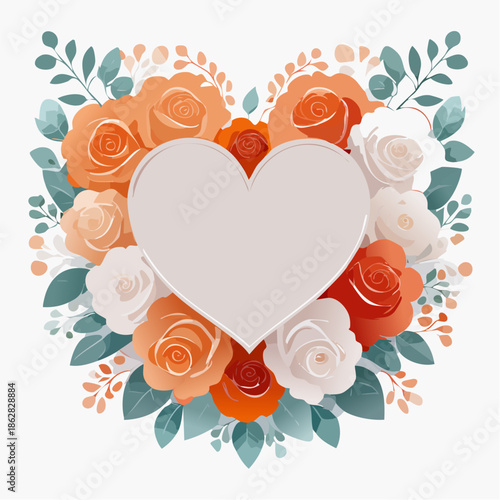 Heart-shaped floral frame with roses and leaves in flat vector style. Ideal for Valentine’s Day cards, wedding invitations, packaging, and romantic designs.