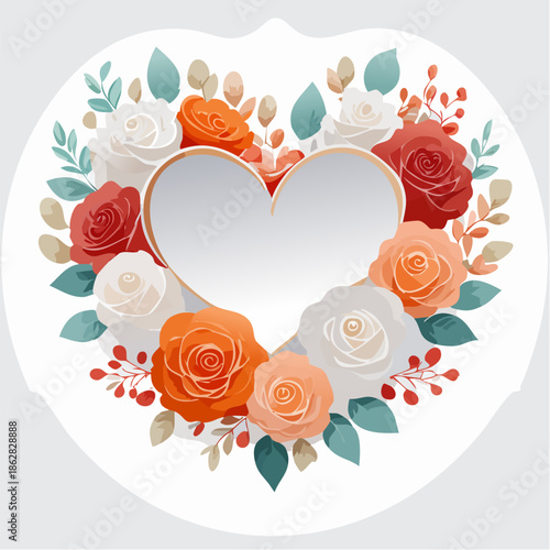 Heart-shaped floral frame with roses and leaves in flat vector style. Ideal for Valentine’s Day cards, wedding invitations, packaging, and romantic designs.