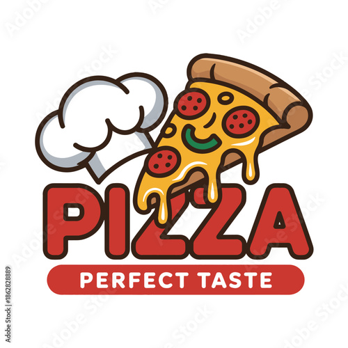 Pizza Logo with Smiling Slice Chef Hat Perfect Taste Banner Vector Graphic