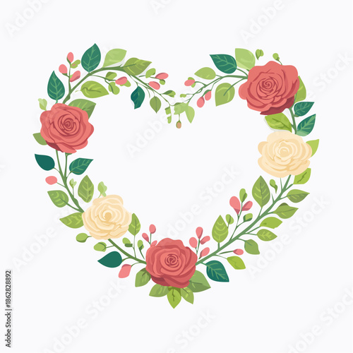 Heart-shaped floral frame with roses and leaves in flat vector style. Ideal for Valentine’s Day cards, wedding invitations, packaging, and romantic designs.