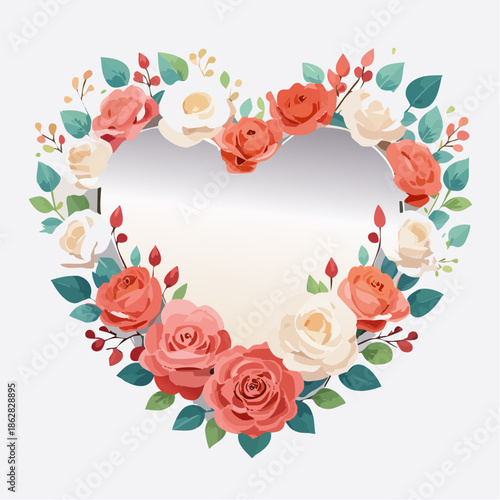 Heart-shaped floral frame with roses and leaves in flat vector style. Ideal for Valentine’s Day cards, wedding invitations, packaging, and romantic designs.