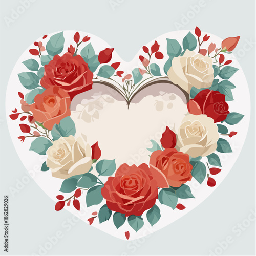 Heart-shaped floral frame with roses and leaves in flat vector style. Ideal for Valentine’s Day cards, wedding invitations, packaging, and romantic designs.
