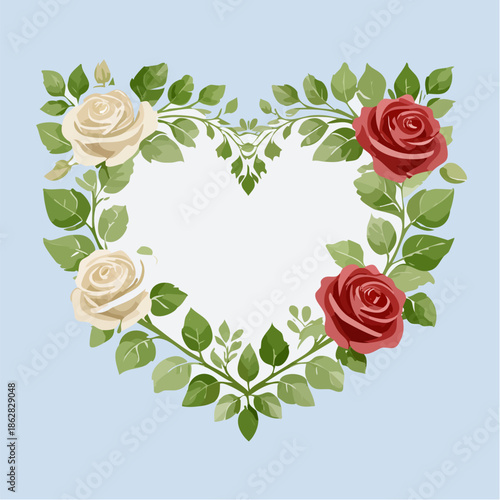 Heart-shaped floral frame with roses and leaves in flat vector style. Ideal for Valentine’s Day cards, wedding invitations, packaging, and romantic designs.