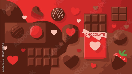 Flat lay of assorted chocolates and hearts for Valentine's Day on a red background with sweet treats and candies.