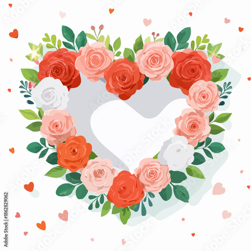 Heart-shaped floral frame with roses and leaves in flat vector style. Ideal for Valentine’s Day cards, wedding invitations, packaging, and romantic designs.