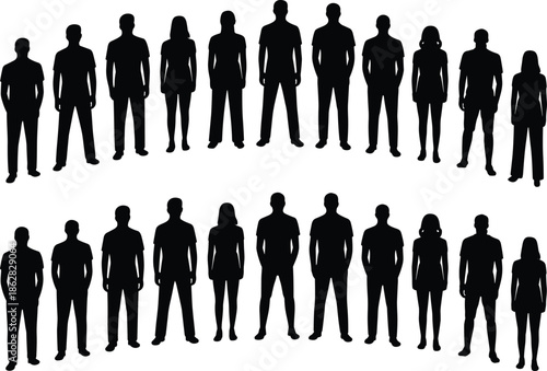 Silhouettes, of, people, standing, diverse, men, and, women, group, community, teamwork, unity, crowd, human, figures, black, white, illustration, set