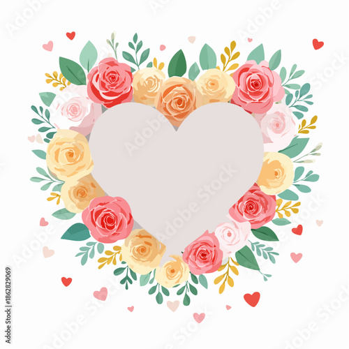 Heart-shaped floral frame with roses and leaves in flat vector style. Ideal for Valentine’s Day cards, wedding invitations, packaging, and romantic designs.