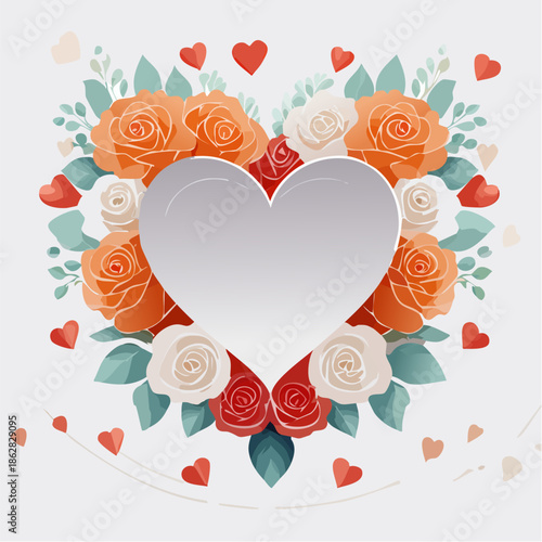 Heart-shaped floral frame with roses and leaves in flat vector style. Ideal for Valentine’s Day cards, wedding invitations, packaging, and romantic designs.