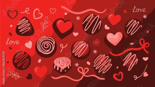 Colorful flat lay of assorted chocolates and Valentine's Day decorations on a red background with hearts and love-themed designs.
