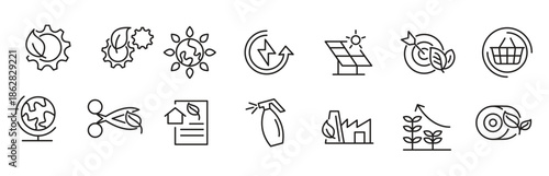 Ecology Environmental line icon set. Sustainable development, sustainability, net zero, climate crisis, recycle, electric, global, warming, pollution, earthquake.