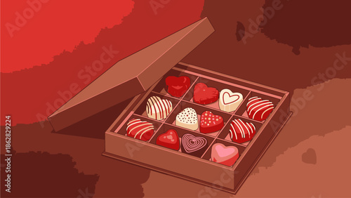 Open box of assorted chocolates for Valentine's Day on a red background with heart-shaped treats
