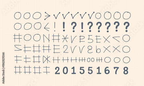 Symbol Grid with Handwritten Characters and Numbers Vector Graphic