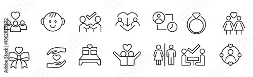 Family Relation line icon set. big family, social group, diversity, communication, couple, mother, love, photo album, child, children, adoption line icon set. Ui thin line icon pack.
