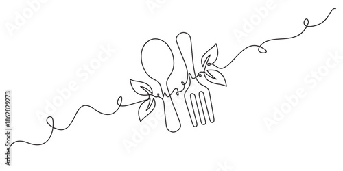Knife and fork, continuous one line drawing, minimalist outline illustration of dining utensils, Minimalist line art illustration of a fork, knife, and spoon connected by a continuous, wavy line.