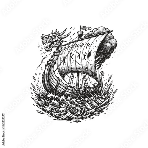 Intricate dark fantasy engraving of a Norse Viking longship with a dragon head, sailing through turbulent ocean waves and stormy clouds