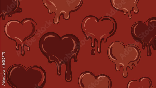A vibrant red background featuring a pattern of melting chocolate hearts for Valentine's Day with a playful and romantic mood.