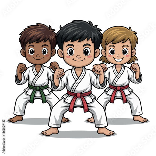 Three diverse children in martial arts uniforms stand ready to train and learn.