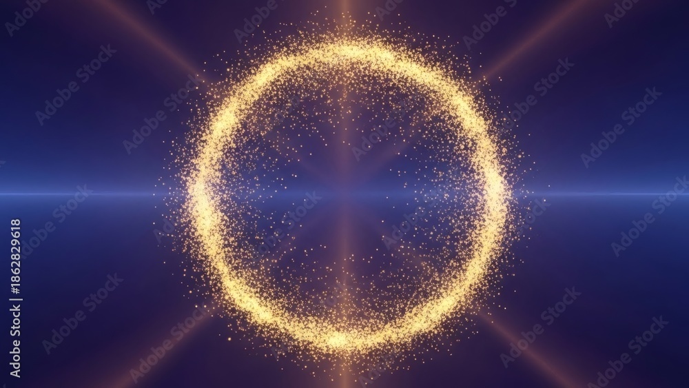 Fototapeta premium Glowing golden circle with sparkling particles and light rays
