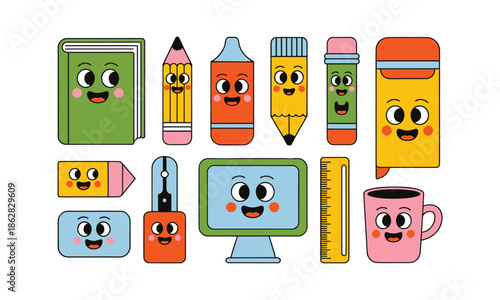 Cartoon School Supplies Set with Smiling Faces Vector Graphic