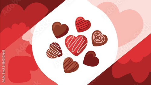 Flat lay of assorted heart-shaped chocolates on a Valentine's Day background with red and pink hearts, conveying a sweet and romantic mood.
