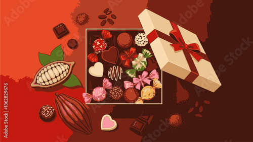 Flat lay of assorted chocolates and gift box on Valentine's Day with a variety of sweets and decorative elements on a red background.