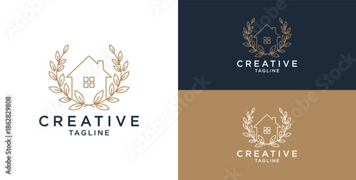 Line art icon logo of a house/residence with a circle of leaves.