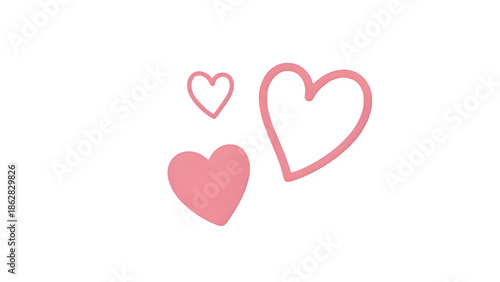 Adorable collection of three pink heart shapes featuring one solid filled design and two simple outline drawings set against a stark black background for vibrant contrast in your next project