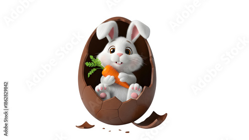 Adorable fluffy white cartoon easter bunny peeking out from inside a large cracked brown chocolate egg while happily holding a bright orange carrot with leafy green top isolated on black background
