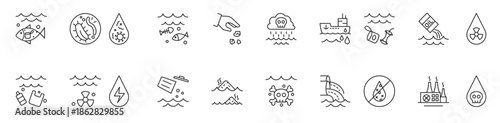 Set of water pollution Related Vector Line Icons. Contains such Icons as dirty water, contaminate, industry waste, plastic bottle, bacteria, garbage and more.